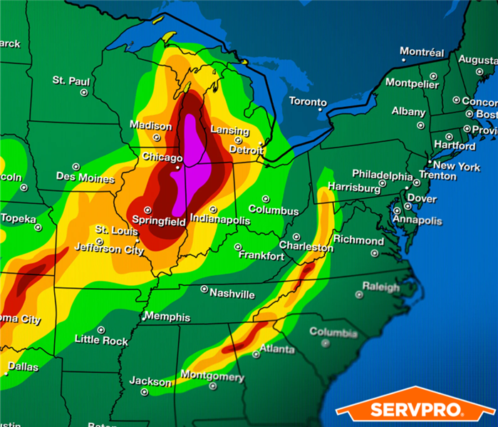 A weather map of the United States with a SERVPRO logo in the bottom right
